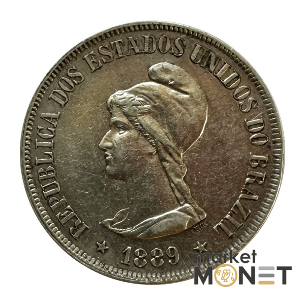Срібна монета 500 рейсів 1889 рік Бразилія 917, 6,37 г. (8.9)