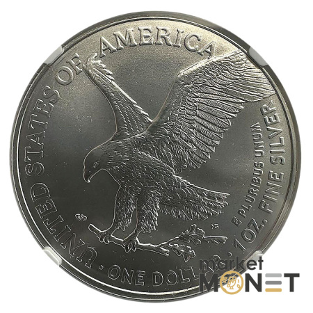 Срібна монета 1 доллар 2021 року, США. Американський орел в слабі MS 70