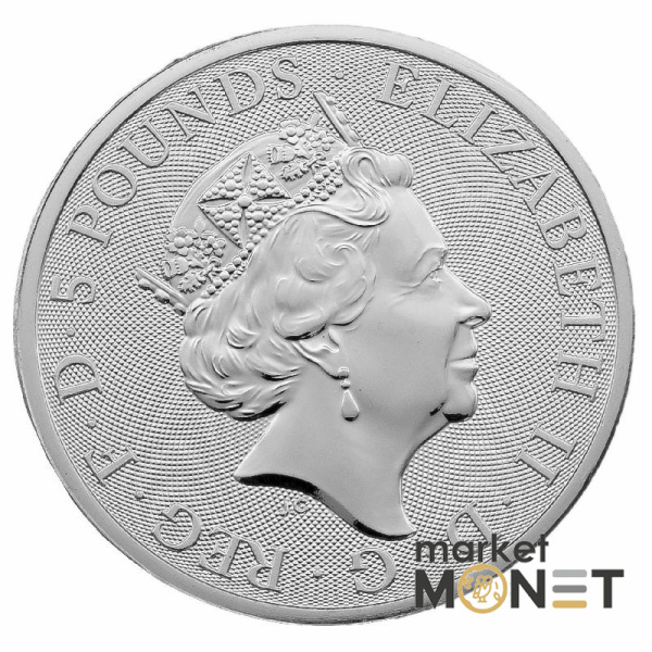 Срібна монета 5 фунтів 2021 Великобританія 999 2 Oz Білий Хорт Річмонда (Звірі королеви)